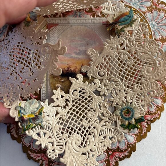 Antique Valentine Card Die-Cut Heart-Shaped Lace Embossed Birds Scene Victorian - Picture 2 of 6